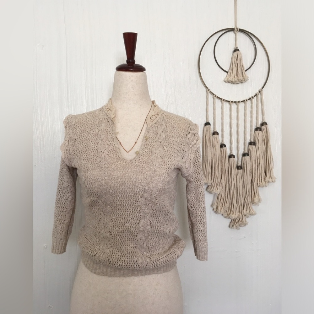 Vintage Cotton Knit V-Neck Women’s Sweater XXS XS 70’s Ruffled Boho